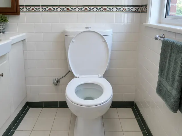Clean white toilet in a tiled bathroom with window and towel rail in Wahroonga